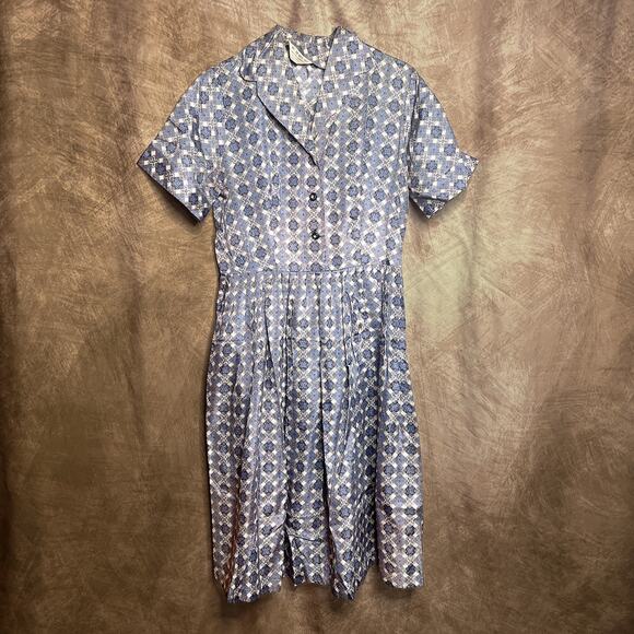 Vintage 60s Sears Geometric Diamond Satin Shirt Waist Swing Dress Blue Gray Mod - Picture 1 of 9